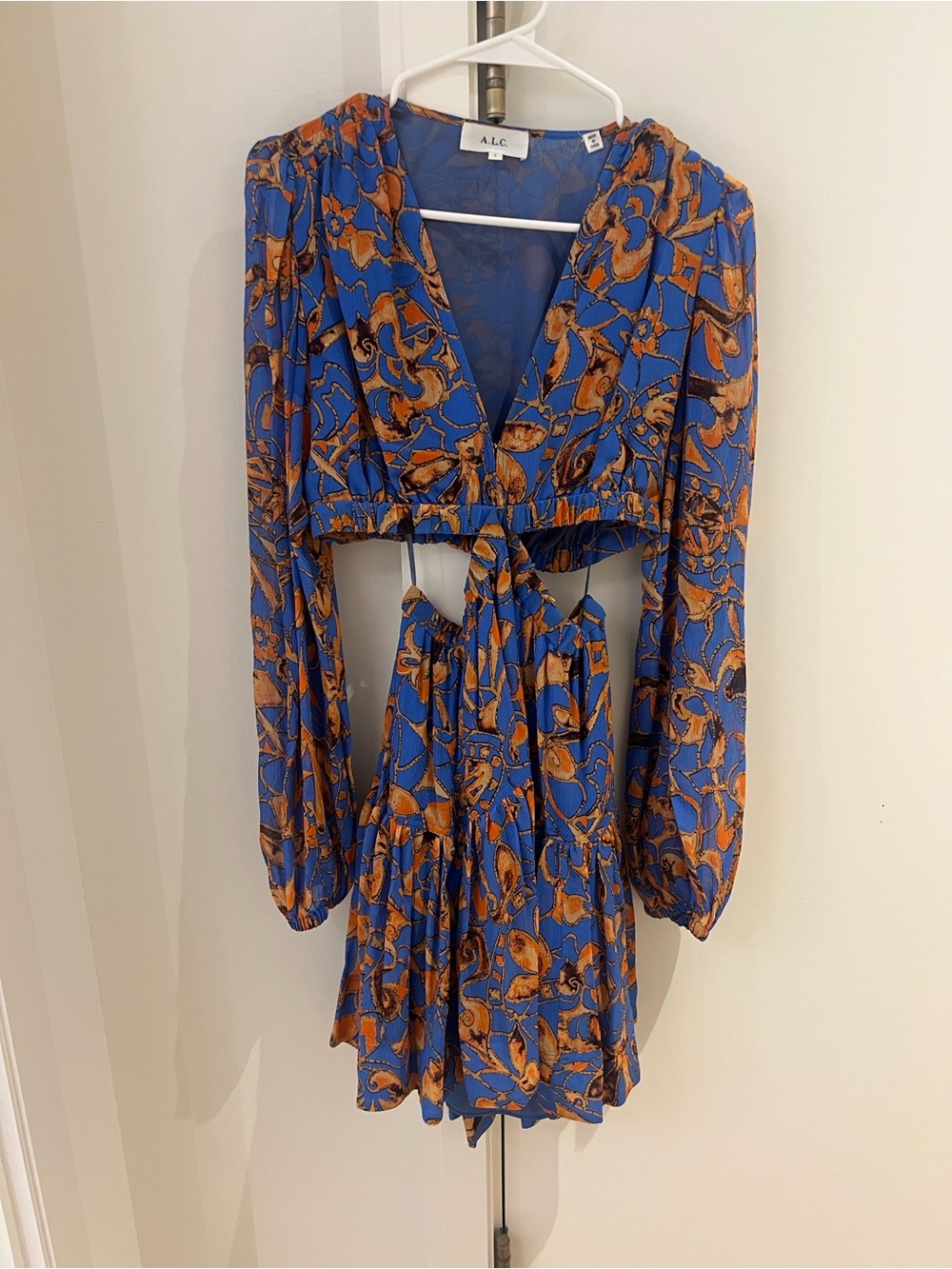 A.L.C. Blue and Brown Long-Sleeve Tie-Front Mini Dress